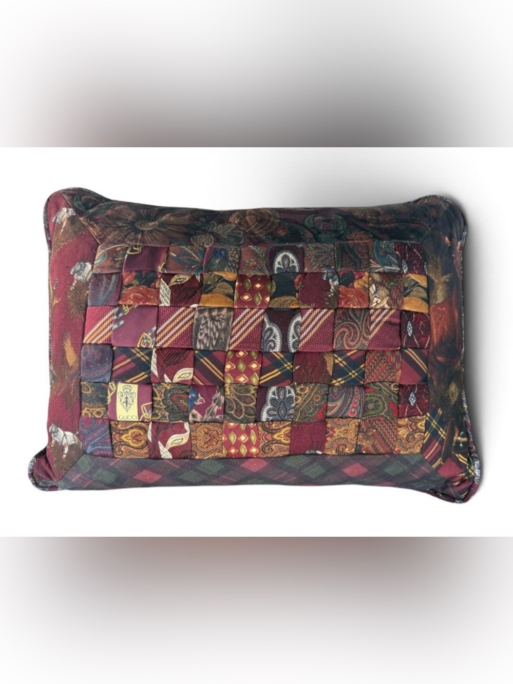 Silk Tie Patchwork Autumn Accent Pillow Plaid, Hunting Dog, Deer, Paisley, Gucci